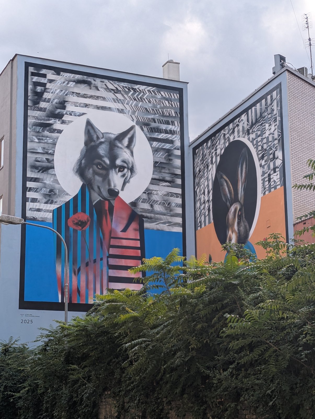 photo de street art sur deux immeubles : a gauche un loup en veste de costume, a droite, un lièvre 