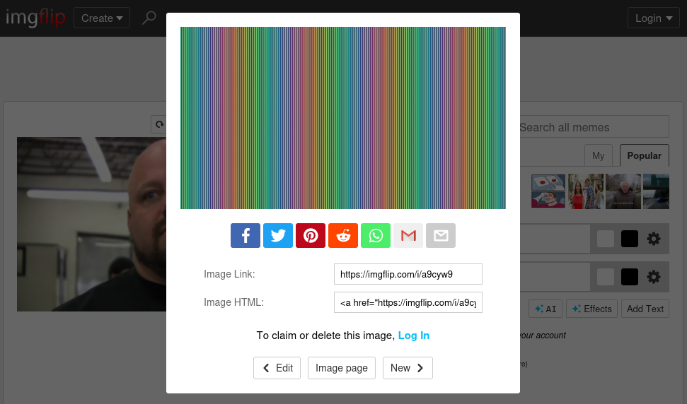 Capture d'écran de LibreWolf illustrant le problème rencontré : une image générée via le site imgflip.com qui affiche des lignes verticales de différentes couleurs au lieu de l'image attendue