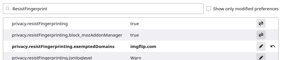 Capture d'écran des paramètres de LibreWolf illustrant le changement de paramètre effectué