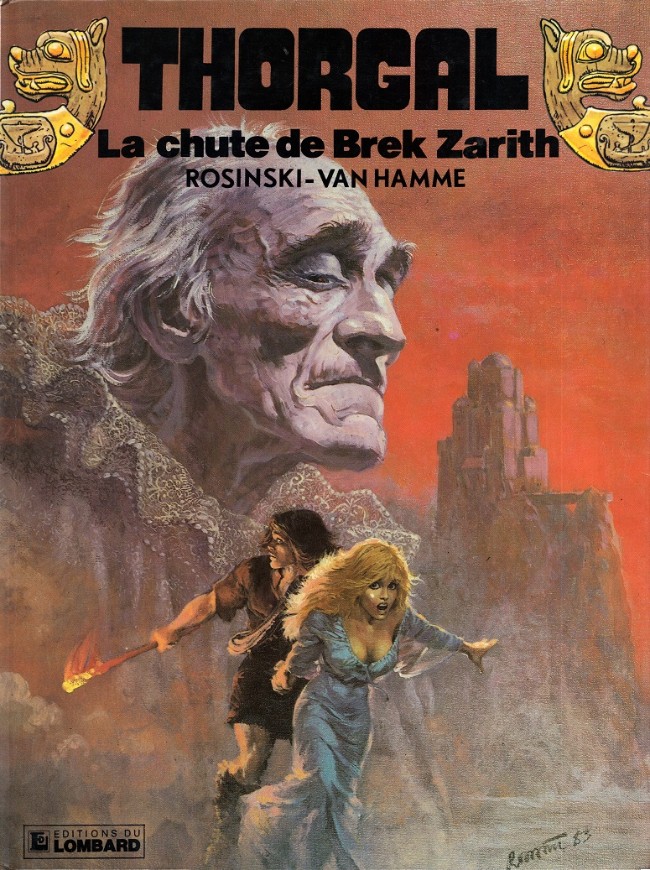 Couverture de la BD Thorgal: La chute de Brek Zarith (Rosinski/Van Hamme), un visage géant observant un couple paniqué fuyant un château.